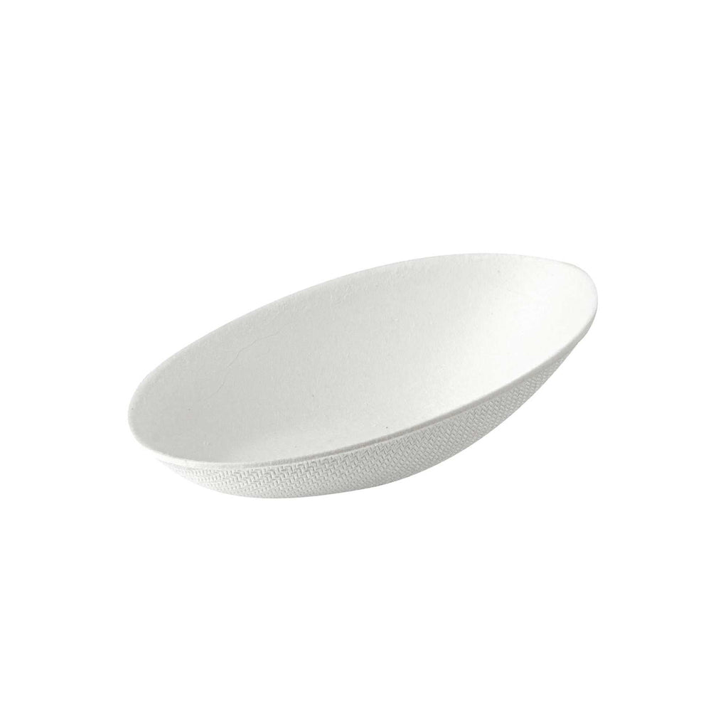 Pulp Safe No PFAS Added White Sugarcane / Bagasse Egg-Shaped Tasting Dish - Home Compostable - 3 1/4" x 2" x 1" - 100 count box