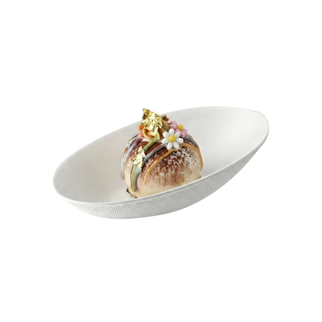 Pulp Safe No PFAS Added White Sugarcane / Bagasse Egg-Shaped Tasting Dish - Home Compostable - 3 1/4" x 2" x 1" - 100 count box
