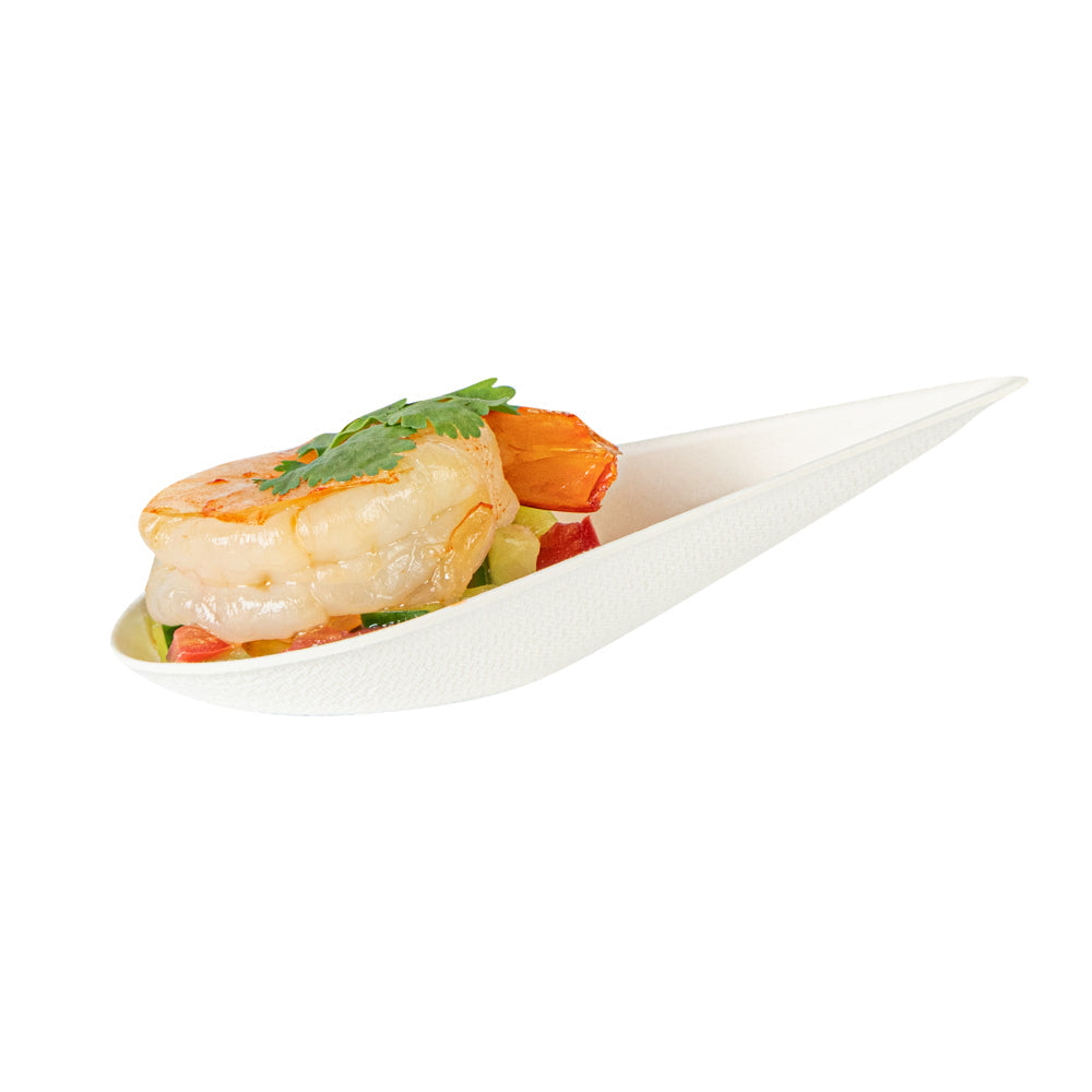 Pulp Safe No PFAS Added Teardrop White Sugarcane / Bagasse Tasting Spoon - Home Compostable - 4 1/4" x 2" x 1 1/4" - 100 count box