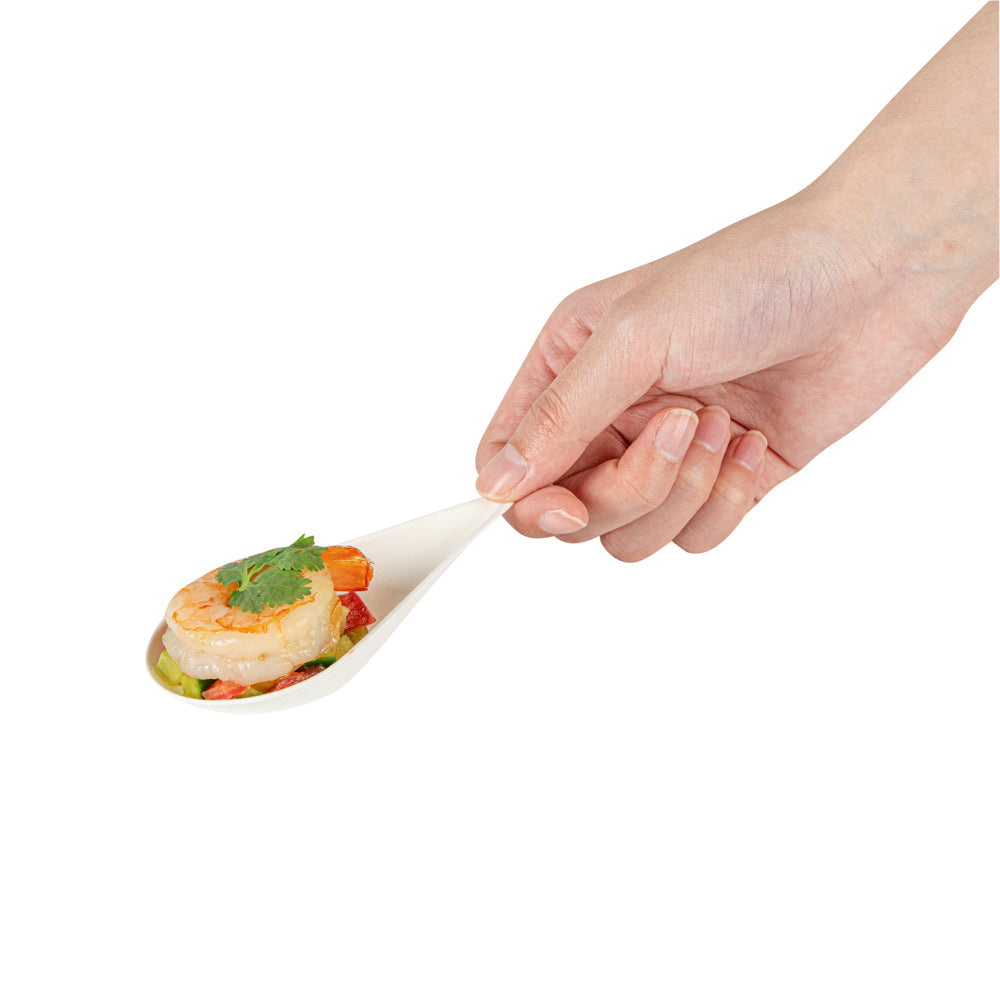 Pulp Safe No PFAS Added Teardrop White Sugarcane / Bagasse Tasting Spoon - Home Compostable - 4 1/4" x 2" x 1 1/4" - 100 count box
