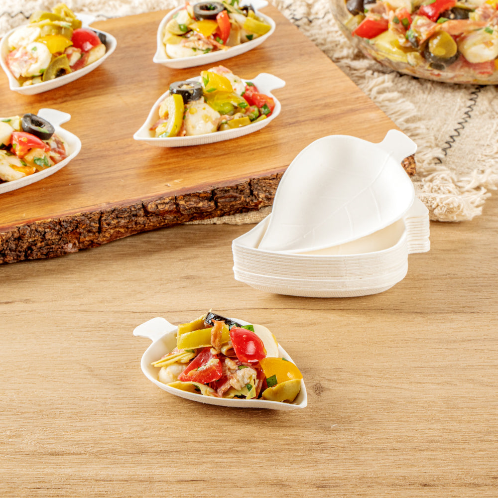 Pulp Safe No PFAS Added White Sugarcane / Bagasse Leaf Tasting Dish - Home Compostable - 3 3/4" x 2 1/4" x 1/2" - 100 count box
