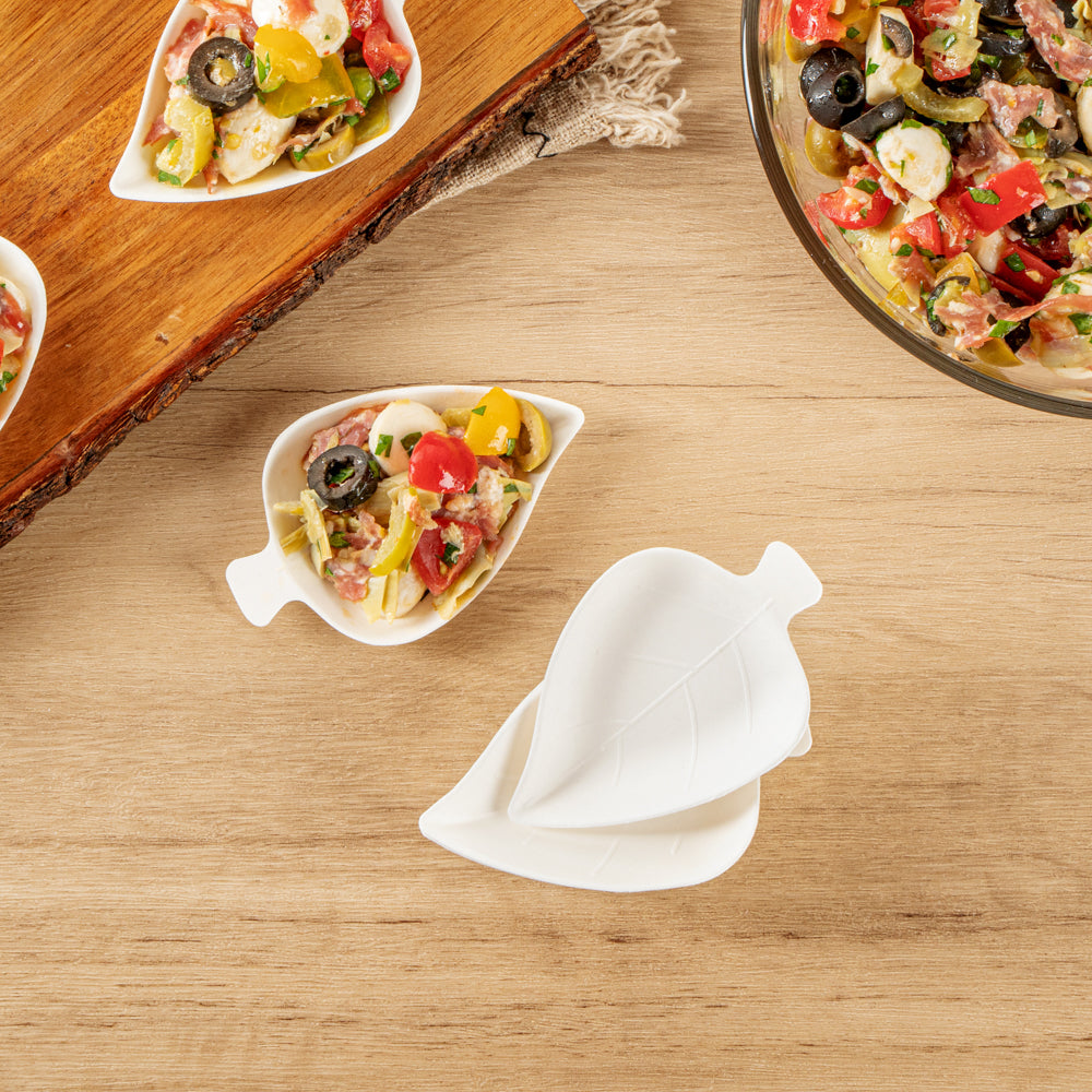 Pulp Safe No PFAS Added White Sugarcane / Bagasse Leaf Tasting Dish - Home Compostable - 3 3/4" x 2 1/4" x 1/2" - 100 count box