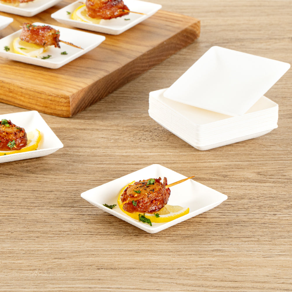 Pulp Safe No PFAS Added Square White Sugarcane / Bagasse Mini Modern Plate - Home Compostable - 2 1/2" x 2 1/2" x 1/2" - 100 count box