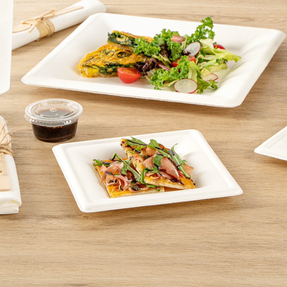 Pulp Safe No PFAS Added Square White Sugarcane / Bagasse Medium Plate - Home Compostable - 8" x 8" x 1/2" - 100 count box