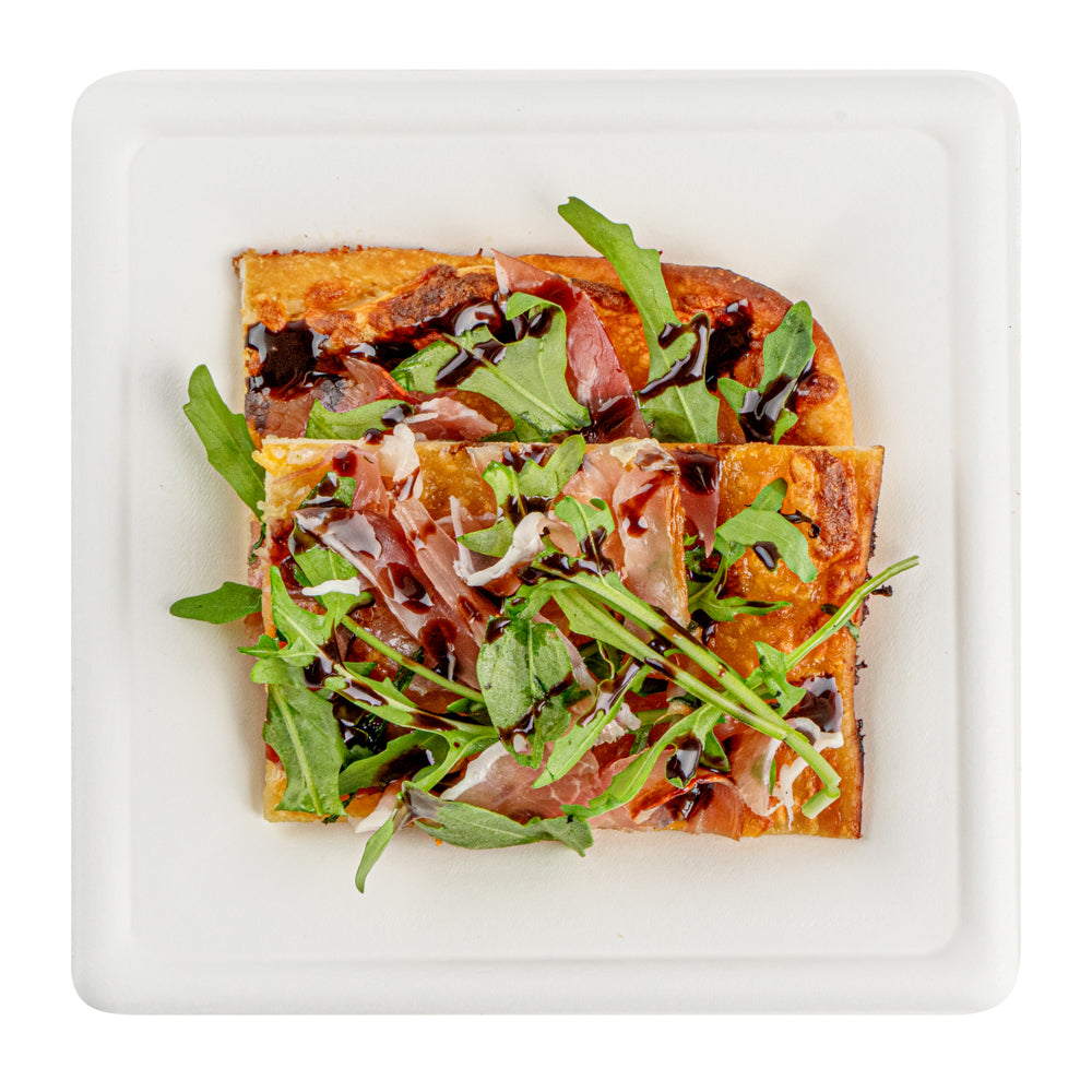 Pulp Safe No PFAS Added Square White Sugarcane / Bagasse Medium Plate - Home Compostable - 8" x 8" x 1/2" - 100 count box