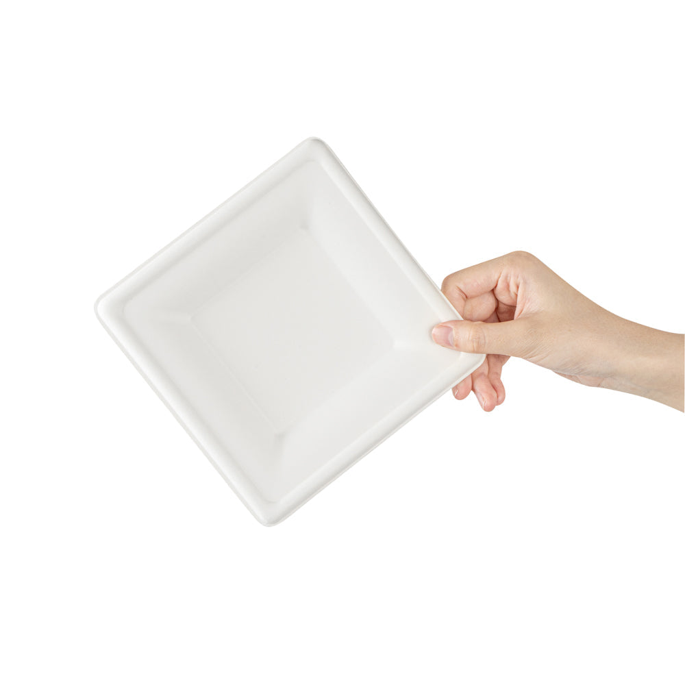 Pulp Safe No PFAS Added Square White Sugarcane / Bagasse Medium Plate - Home Compostable - 8" x 8" x 1/2" - 100 count box