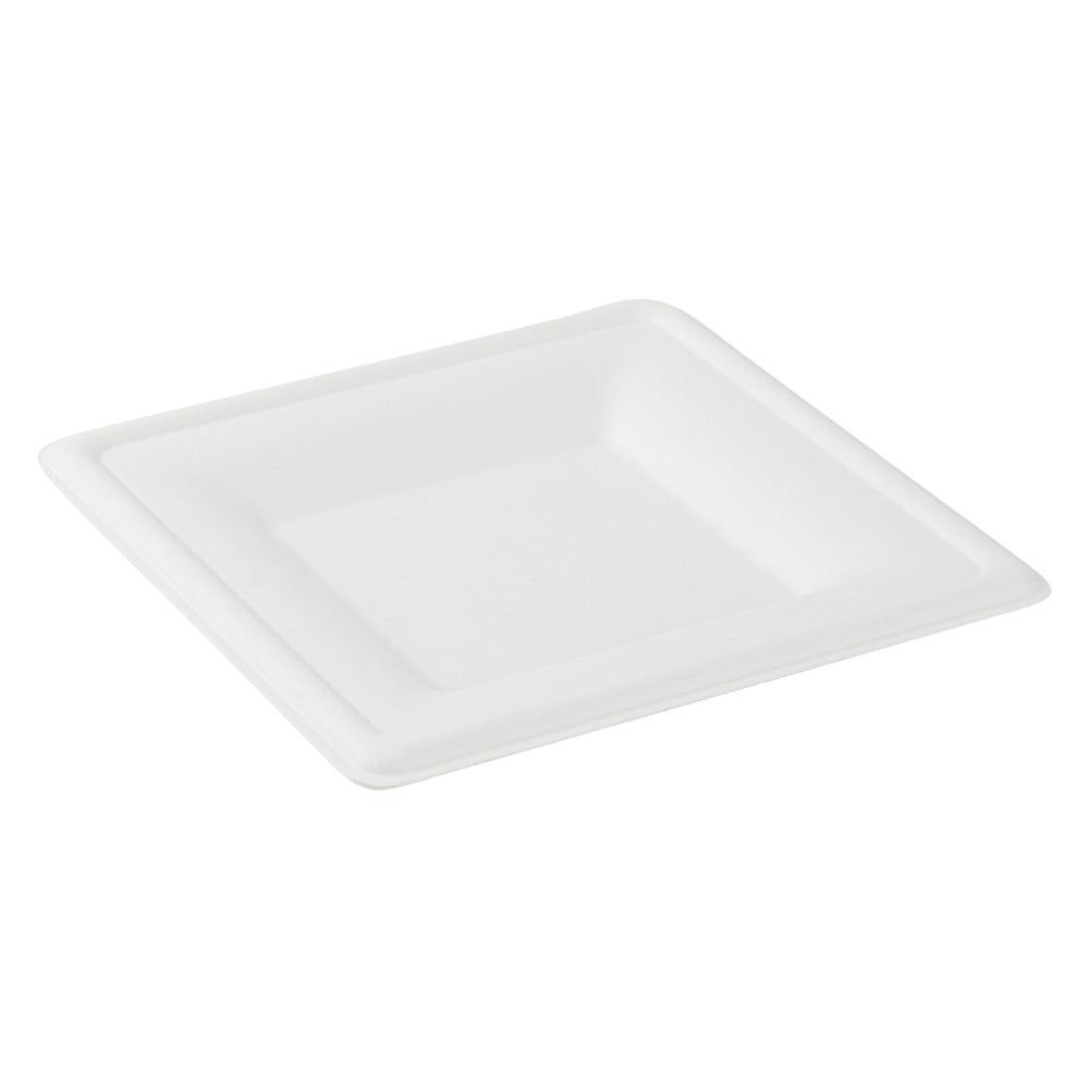 Pulp Safe No PFAS Added Square White Sugarcane / Bagasse Medium Plate - Home Compostable - 8" x 8" x 1/2" - 100 count box