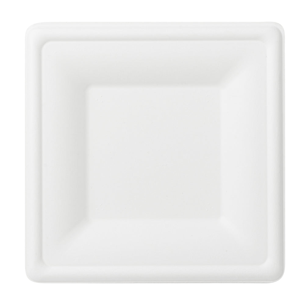 Pulp Safe No PFAS Added Square White Sugarcane / Bagasse Medium Plate - Home Compostable - 8" x 8" x 1/2" - 100 count box