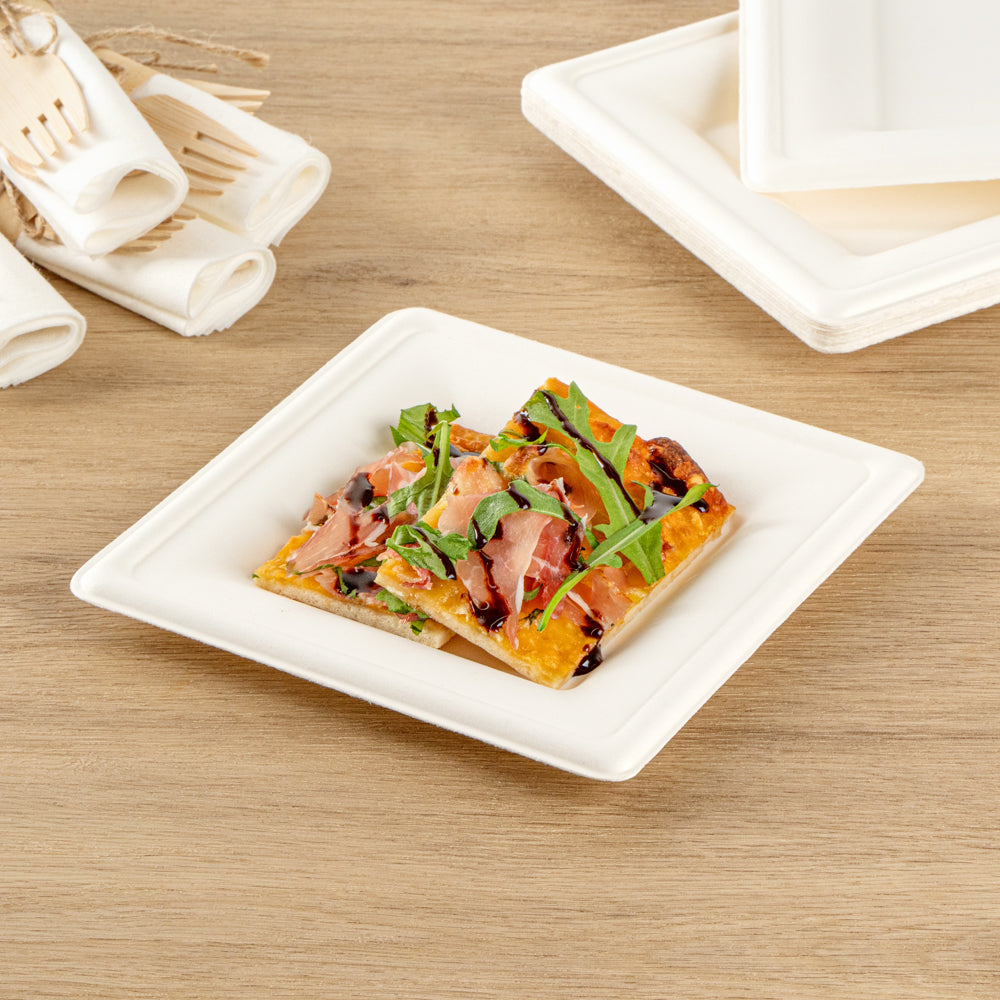 Pulp Safe No PFAS Added Square White Sugarcane / Bagasse Medium Plate - Home Compostable - 8" x 8" x 1/2" - 100 count box