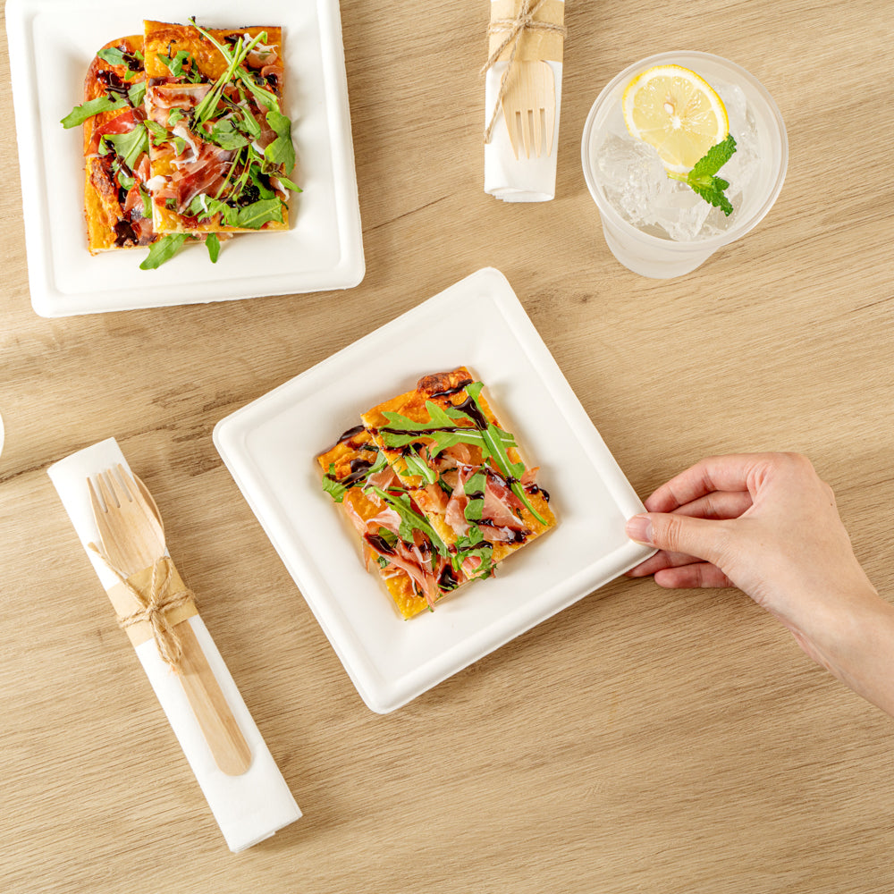 Pulp Safe No PFAS Added Square White Sugarcane / Bagasse Medium Plate - Home Compostable - 8" x 8" x 1/2" - 100 count box