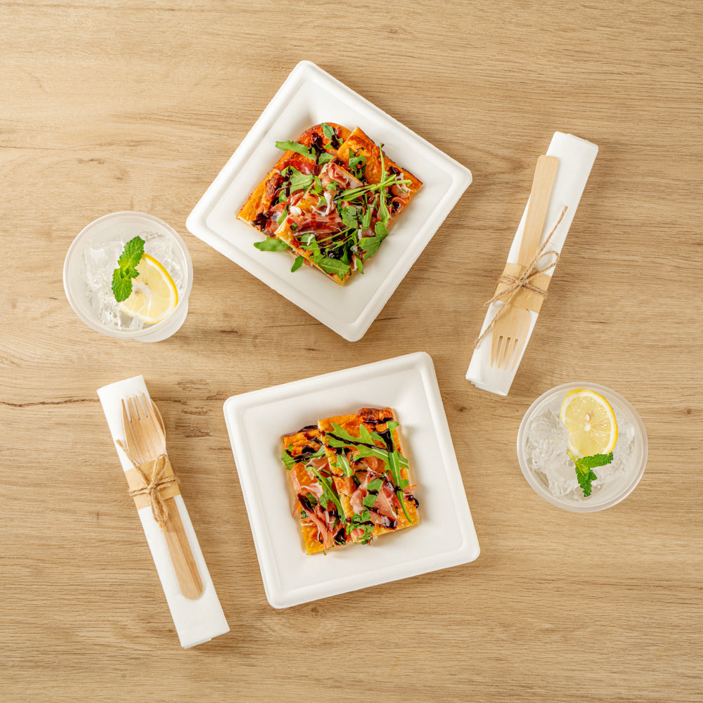 Pulp Safe No PFAS Added Square White Sugarcane / Bagasse Medium Plate - Home Compostable - 8" x 8" x 1/2" - 100 count box