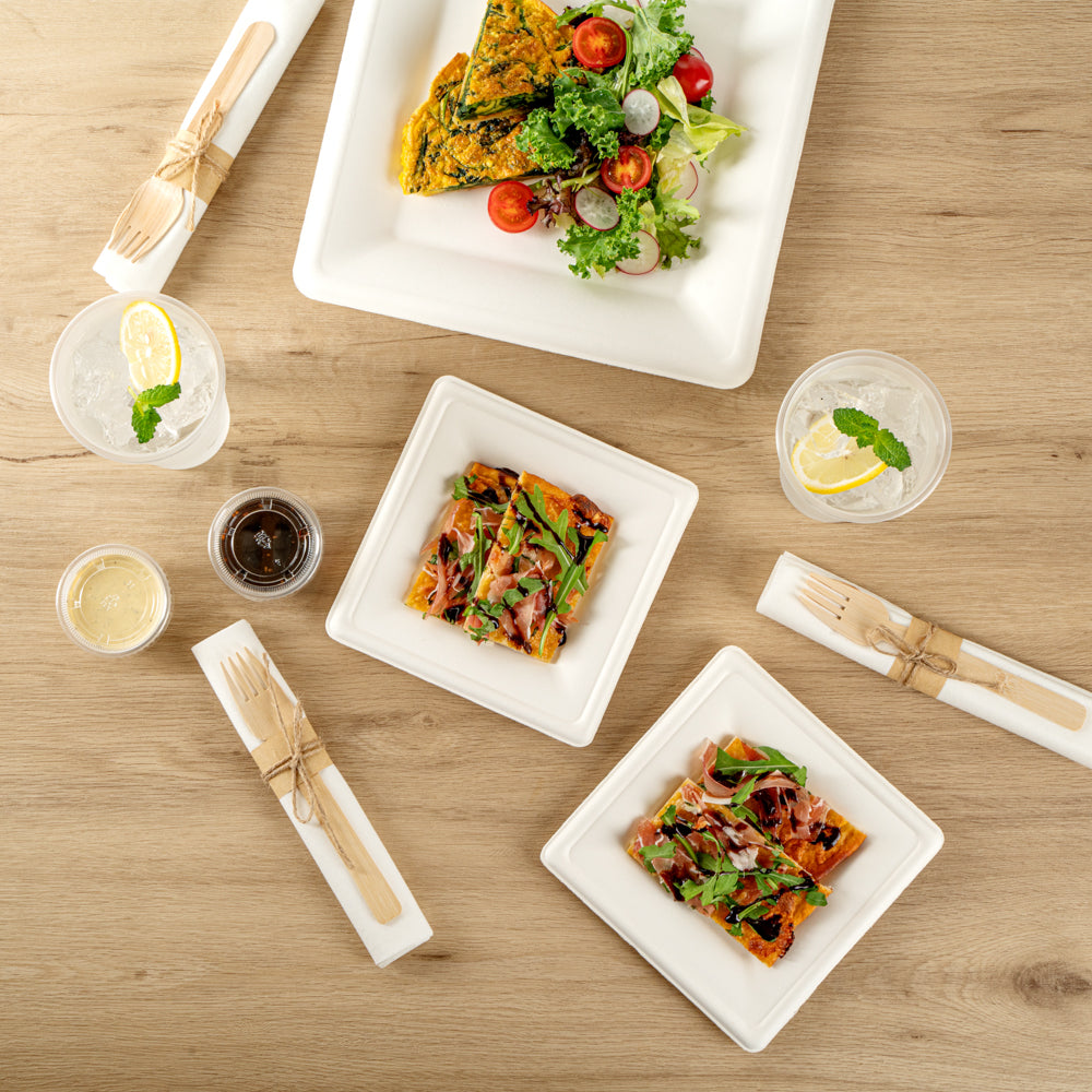 Pulp Safe No PFAS Added Square White Sugarcane / Bagasse Medium Plate - Home Compostable - 8" x 8" x 1/2" - 100 count box
