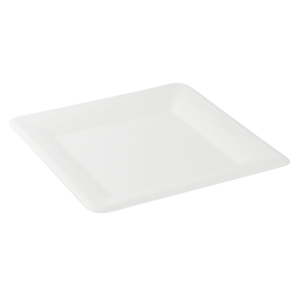 Pulp Safe No PFAS Added Square White Sugarcane / Bagasse Large Plate - Home Compostable - 10 1/4" x 10 1/4" x 1/2" - 100 count box