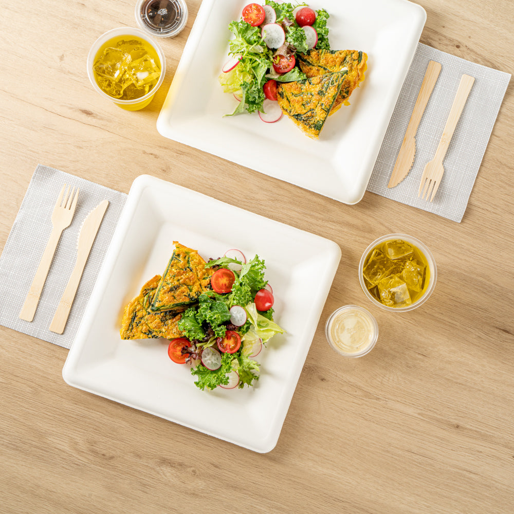 Pulp Safe No PFAS Added Square White Sugarcane / Bagasse Large Plate - Home Compostable - 10 1/4" x 10 1/4" x 1/2" - 100 count box