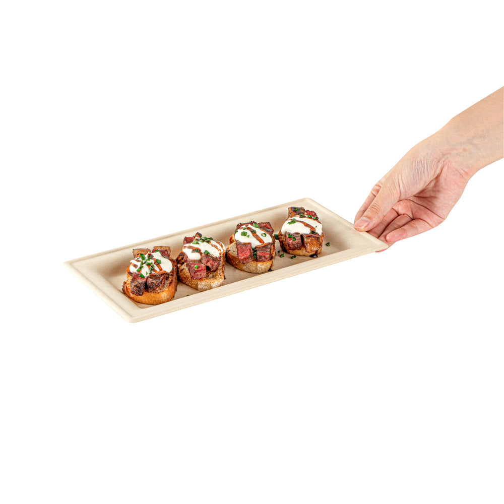 Pulp Safe No PFAS Added Rectangle Natural Sugarcane / Bagasse Plate - Home Compostable - 10" x 5" x 1/2" - 100 count box
