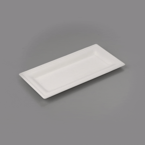 Pulp Safe No PFAS Added Rectangle White Sugarcane / Bagasse Plate - Home Compostable - 10" x 5" x 1/2" - 100 count box