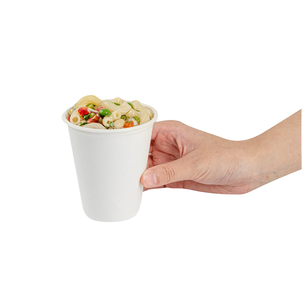 Pulp Safe No PFAS Added 8 oz White Sugarcane / Bagasse Cup - Home Compostable - 3 1/4" x 3 1/4" x 3 1/2" - 100 count box