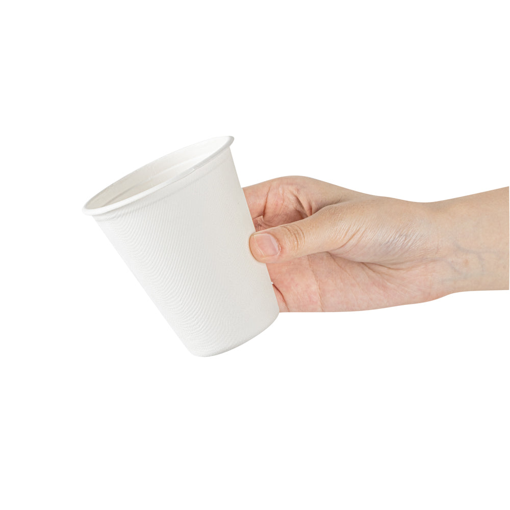 Pulp Safe No PFAS Added 8 oz White Sugarcane / Bagasse Cup - Home Compostable - 3 1/4" x 3 1/4" x 3 1/2" - 100 count box