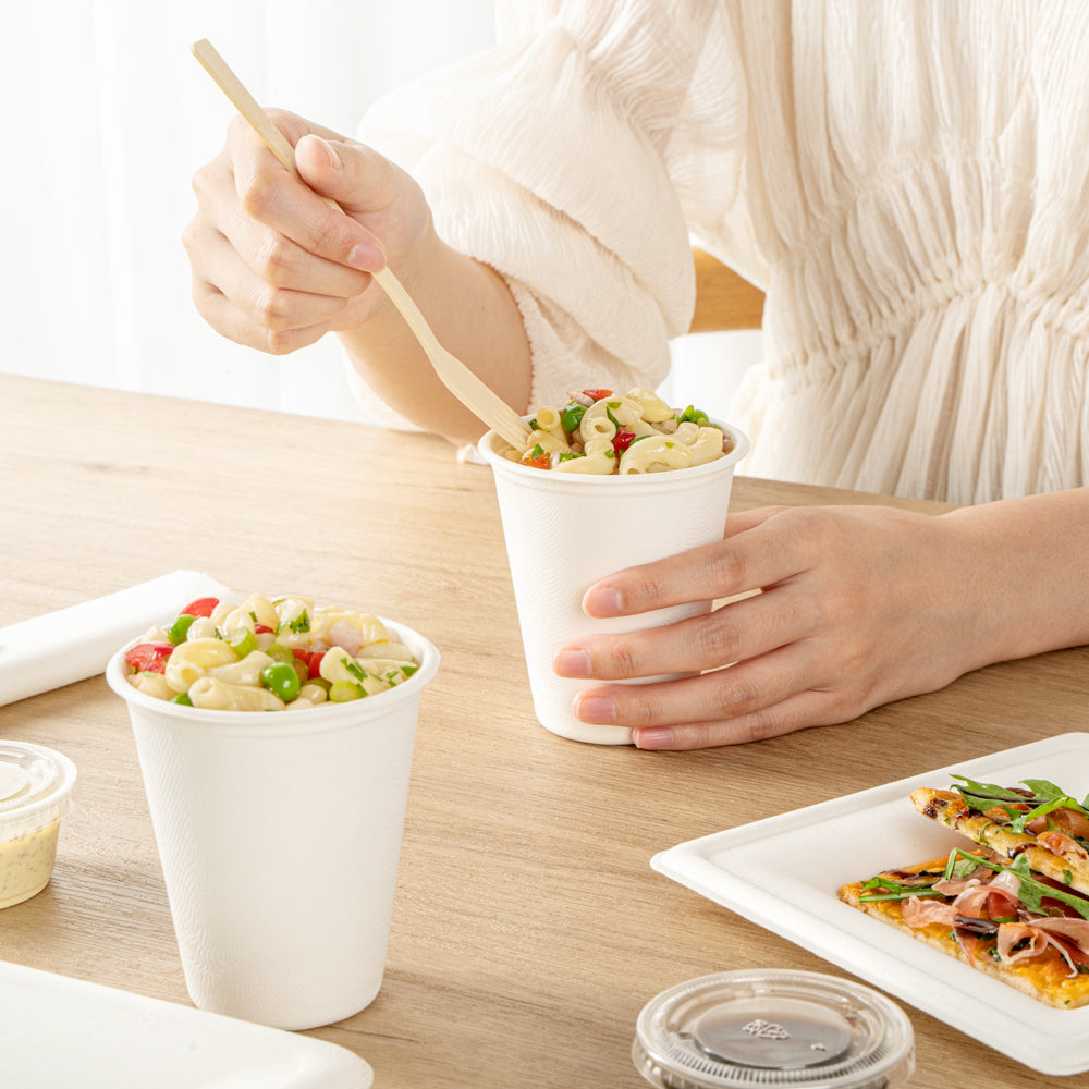 Pulp Safe No PFAS Added 8 oz White Sugarcane / Bagasse Cup - Home Compostable - 3 1/4" x 3 1/4" x 3 1/2" - 100 count box