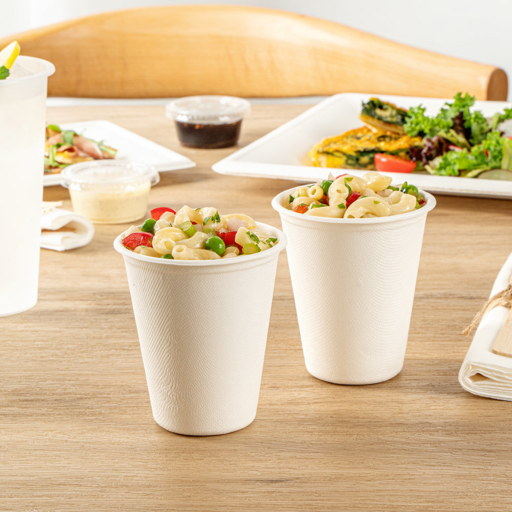 Pulp Safe No PFAS Added 8 oz White Sugarcane / Bagasse Cup - Home Compostable - 3 1/4" x 3 1/4" x 3 1/2" - 100 count box