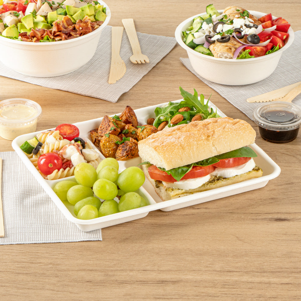 Pulp Safe No PFAS Added Rectangle White Sugarcane / Bagasse Food Tray - Home Compostable, 5 Compartments - 10 1/2" x 8 1/2" - 100 count box