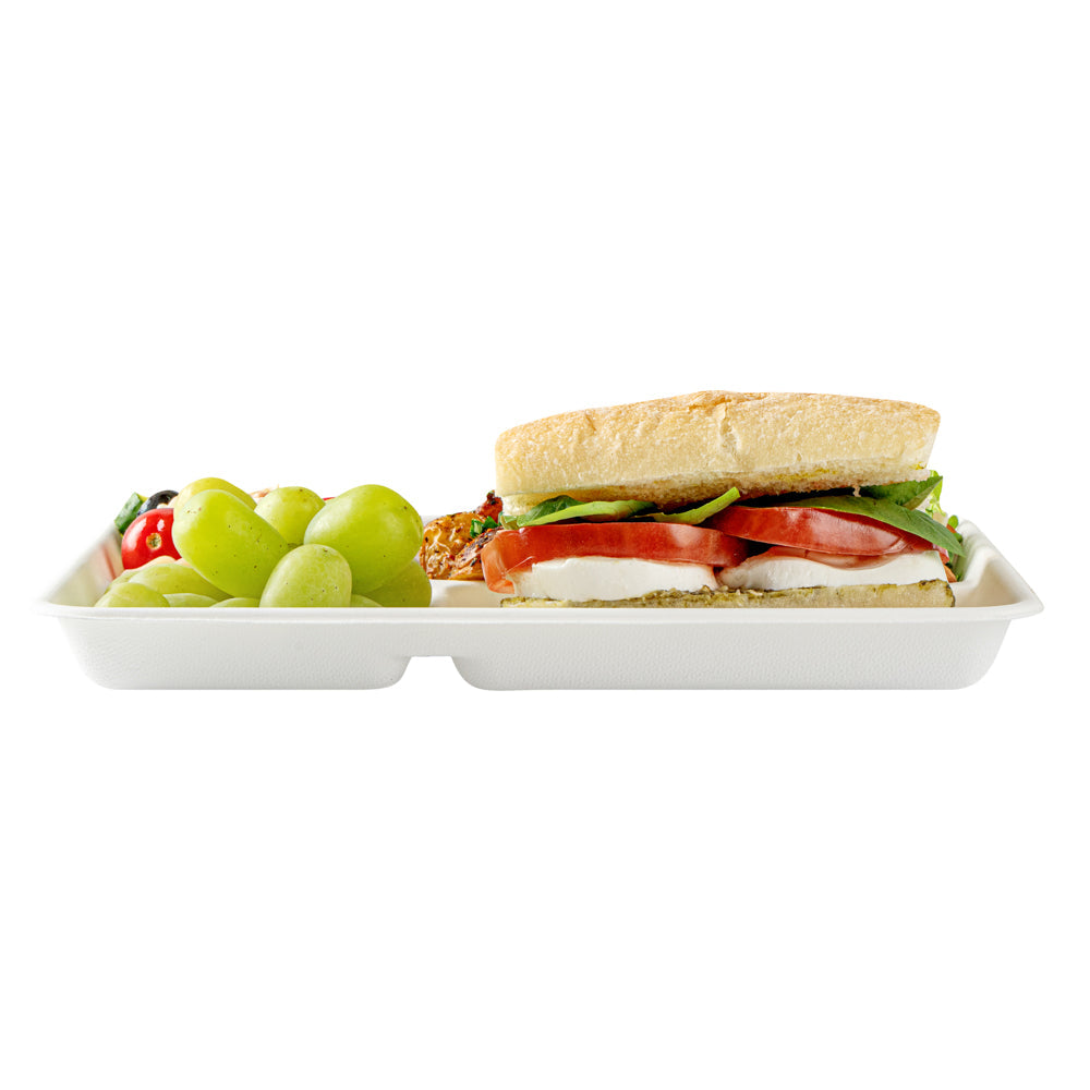 Pulp Safe No PFAS Added Rectangle White Sugarcane / Bagasse Food Tray - Home Compostable, 5 Compartments - 10 1/2" x 8 1/2" - 100 count box
