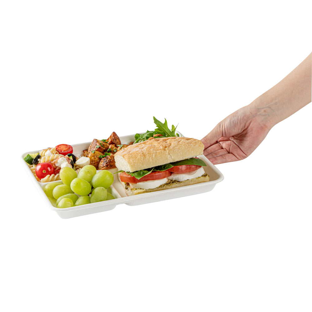 Pulp Safe No PFAS Added Rectangle White Sugarcane / Bagasse Food Tray - Home Compostable, 5 Compartments - 10 1/2" x 8 1/2" - 100 count box
