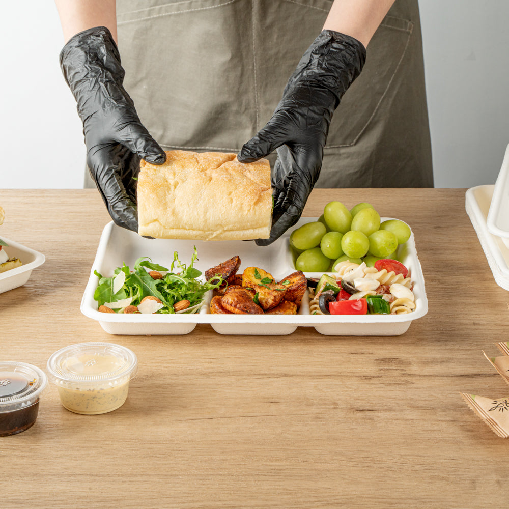 Pulp Safe No PFAS Added Rectangle White Sugarcane / Bagasse Food Tray - Home Compostable, 5 Compartments - 10 1/2" x 8 1/2" - 100 count box