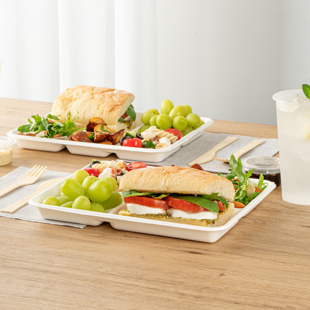 Pulp Safe No PFAS Added Rectangle White Sugarcane / Bagasse Food Tray - Home Compostable, 5 Compartments - 10 1/2" x 8 1/2" - 100 count box