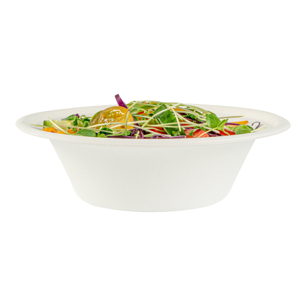 Pulp Safe No PFAS Added 12 oz Round White Sugarcane / Bagasse Bowl - Home Compostable - 6" x 6" x 1 3/4" - 100 count box