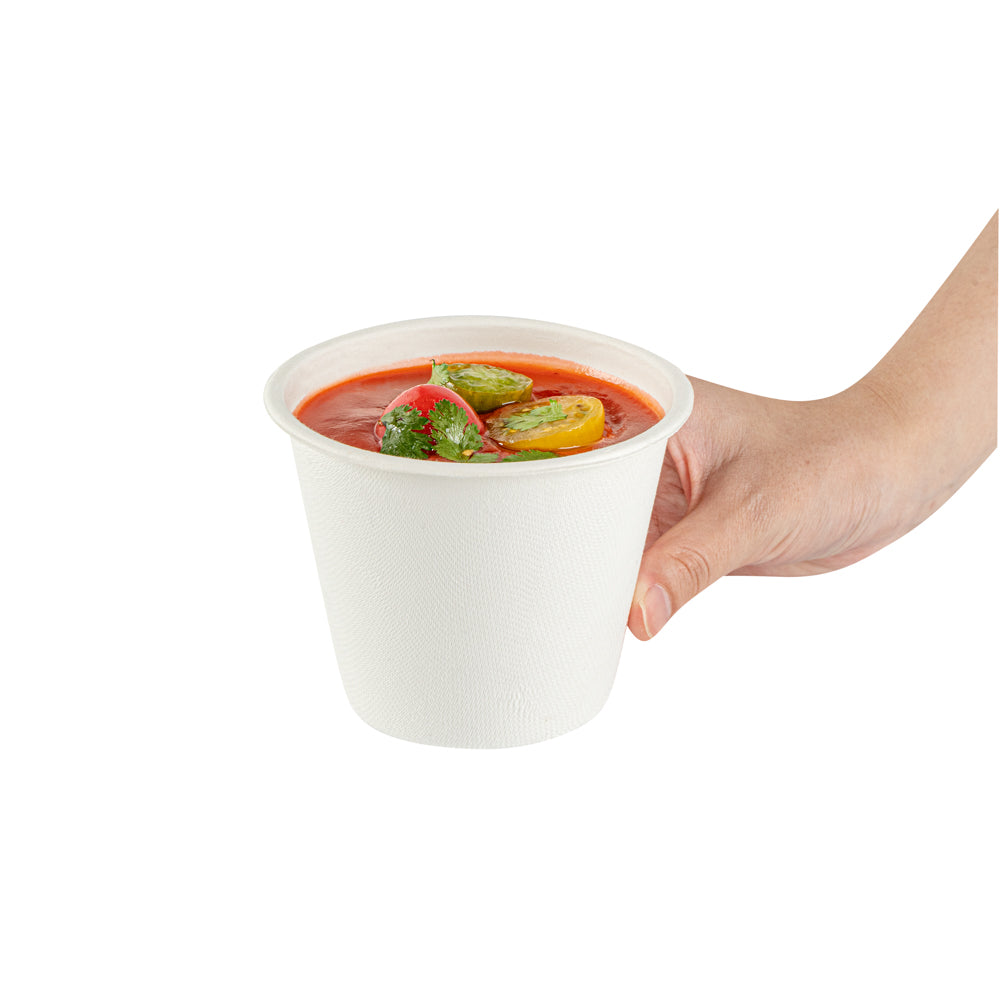 Pulp Safe No PFAS Added 15 oz Round White Sugarcane / Bagasse Soup Cup - Home Compostable - 4" x 4" x 3 1/4" - 100 count box