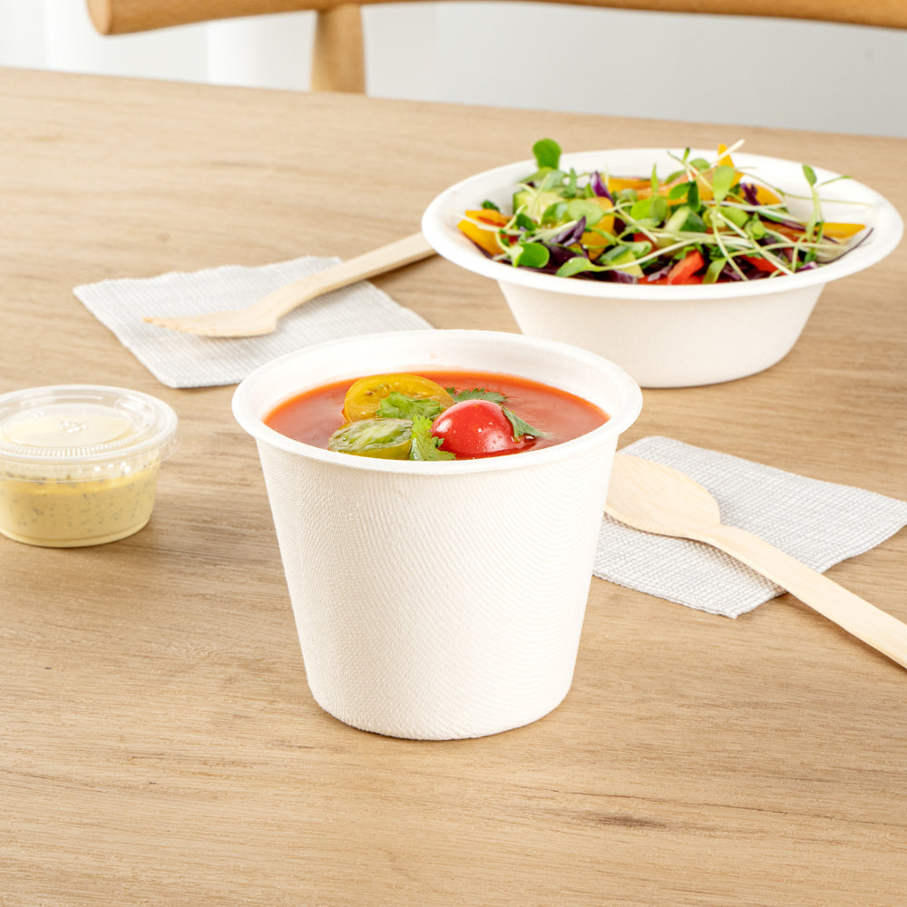Pulp Safe No PFAS Added 15 oz Round White Sugarcane / Bagasse Soup Cup - Home Compostable - 4" x 4" x 3 1/4" - 100 count box
