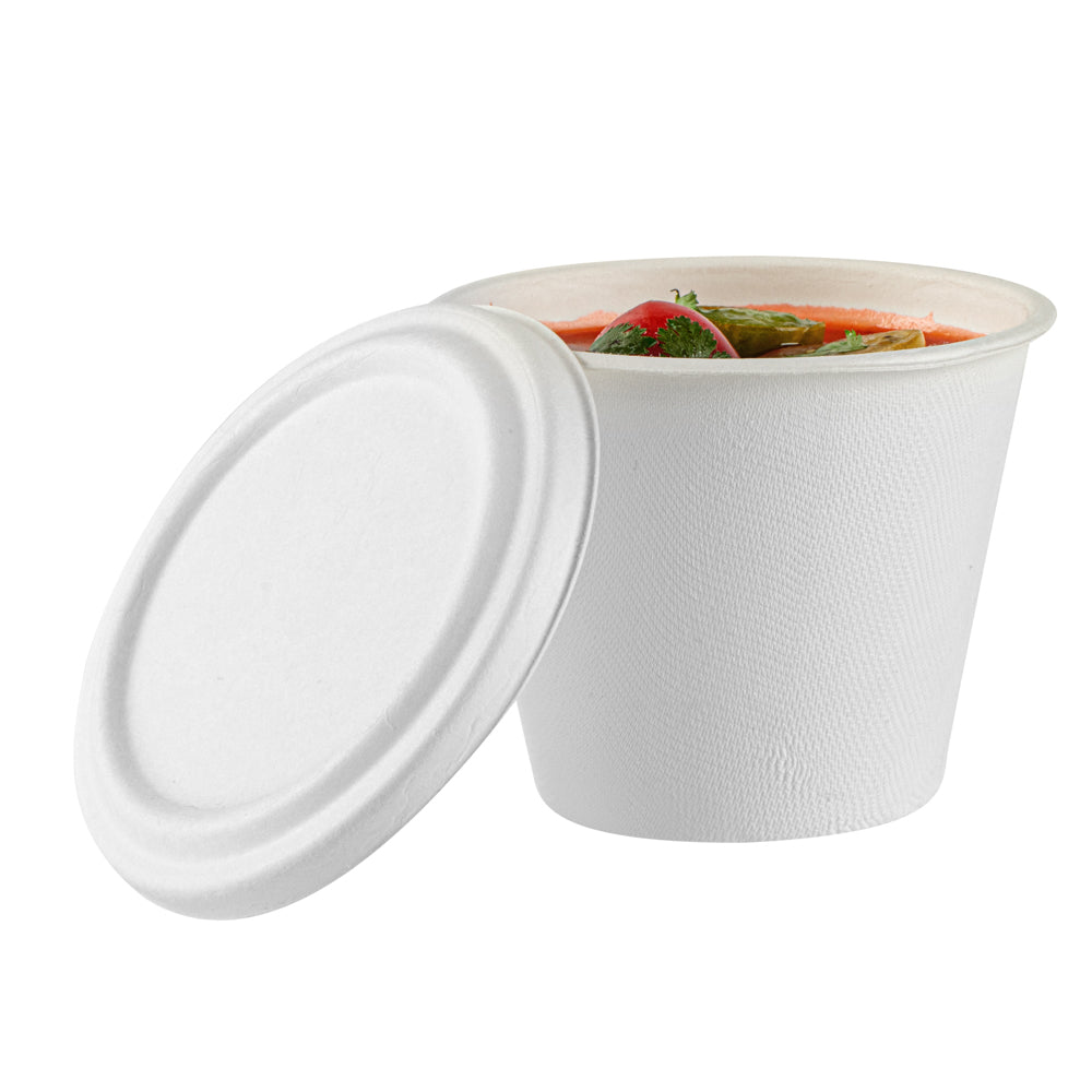 Pulp Safe No PFAS Added Round White Sugarcane / Bagasse Lid - Home Compostable, Fits 15 oz Soup Cup - 100 count box