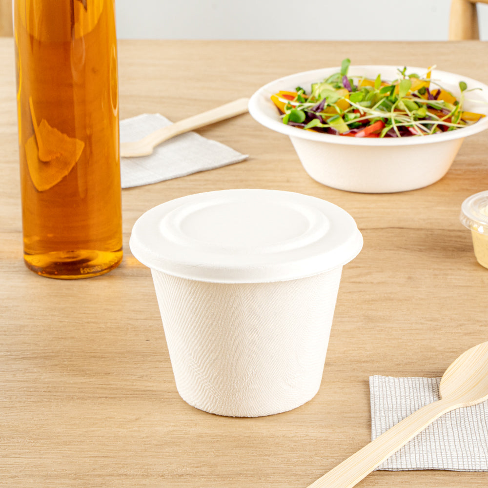 Pulp Safe No PFAS Added Round White Sugarcane / Bagasse Lid - Home Compostable, Fits 15 oz Soup Cup - 100 count box