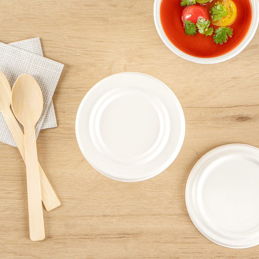 Pulp Safe No PFAS Added Round White Sugarcane / Bagasse Lid - Home Compostable, Fits 15 oz Soup Cup - 100 count box