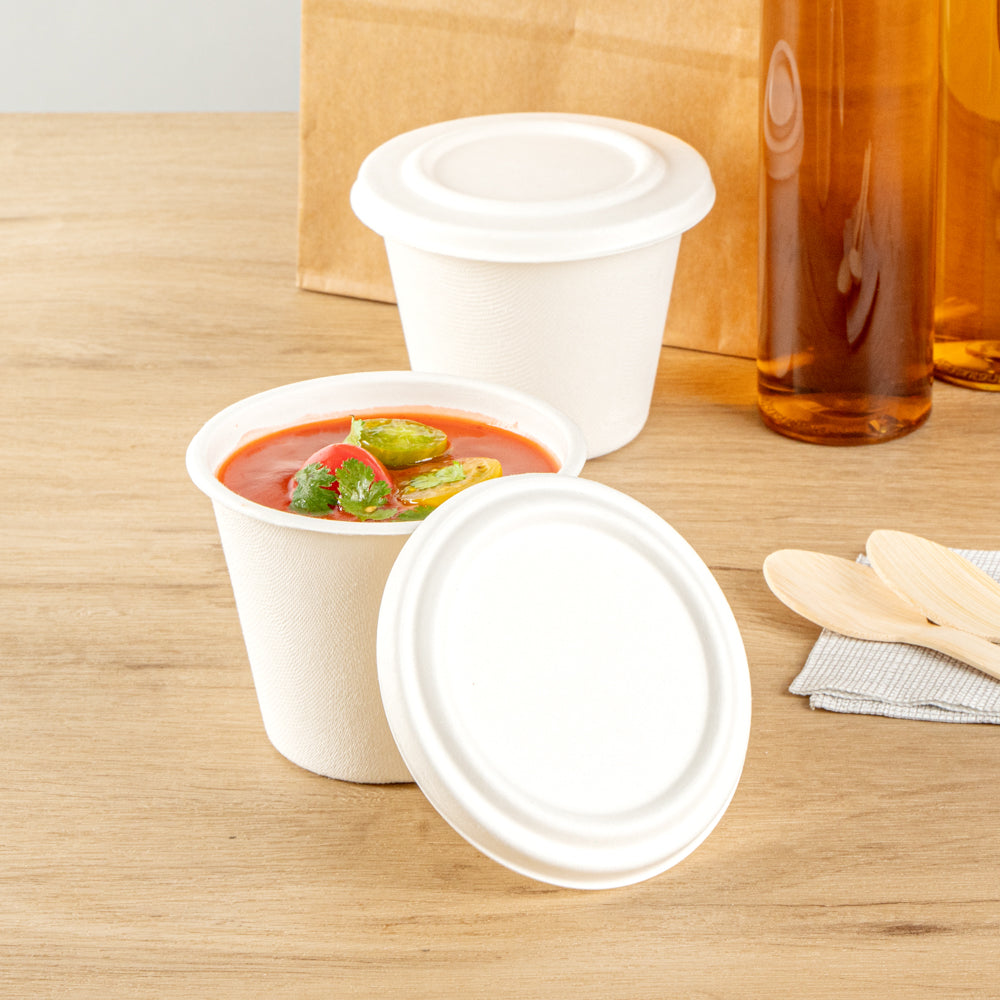 Pulp Safe No PFAS Added Round White Sugarcane / Bagasse Lid - Home Compostable, Fits 15 oz Soup Cup - 100 count box