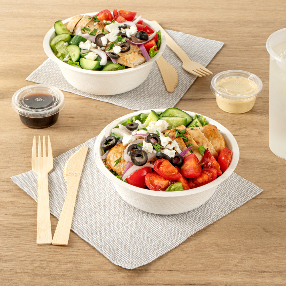 Pulp Safe No PFAS Added 18 oz Round White Sugarcane / Bagasse Salad Bowl - Home Compostable - 6 1/4" x 6 1/4" x 1 3/4" - 100 count box