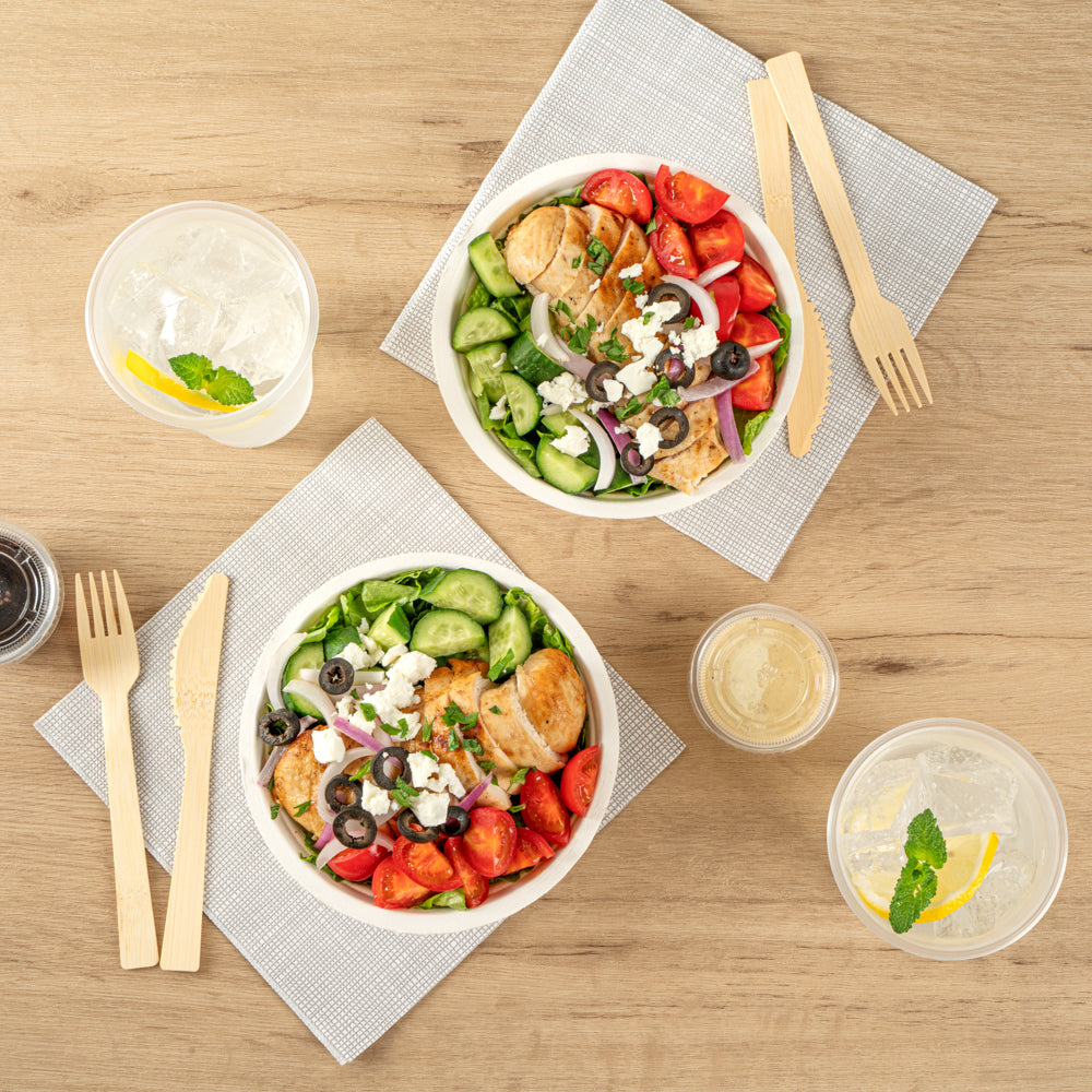 Pulp Safe No PFAS Added 18 oz Round White Sugarcane / Bagasse Salad Bowl - Home Compostable - 6 1/4" x 6 1/4" x 1 3/4" - 100 count box