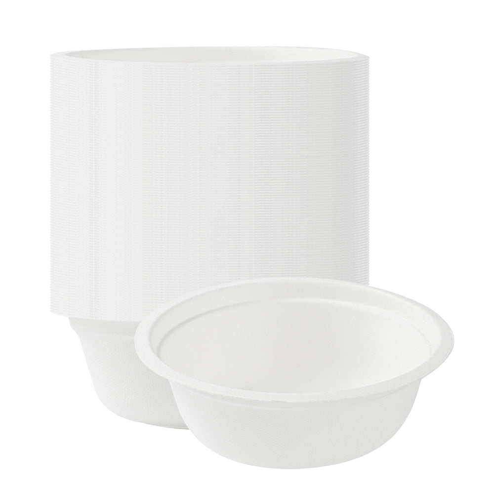 Pulp Safe No PFAS Added 12 oz Round White Sugarcane / Bagasse Salad Bowl - Home Compostable - 5 1/4" x 5 1/4" x 1 3/4" - 100 count box