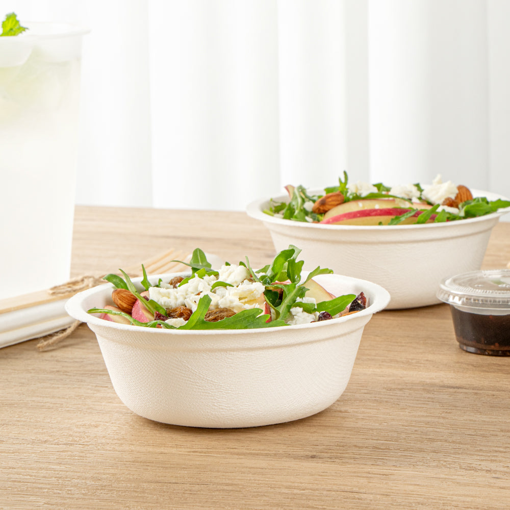 Pulp Safe No PFAS Added 12 oz Round White Sugarcane / Bagasse Salad Bowl - Home Compostable - 5 1/4" x 5 1/4" x 1 3/4" - 100 count box