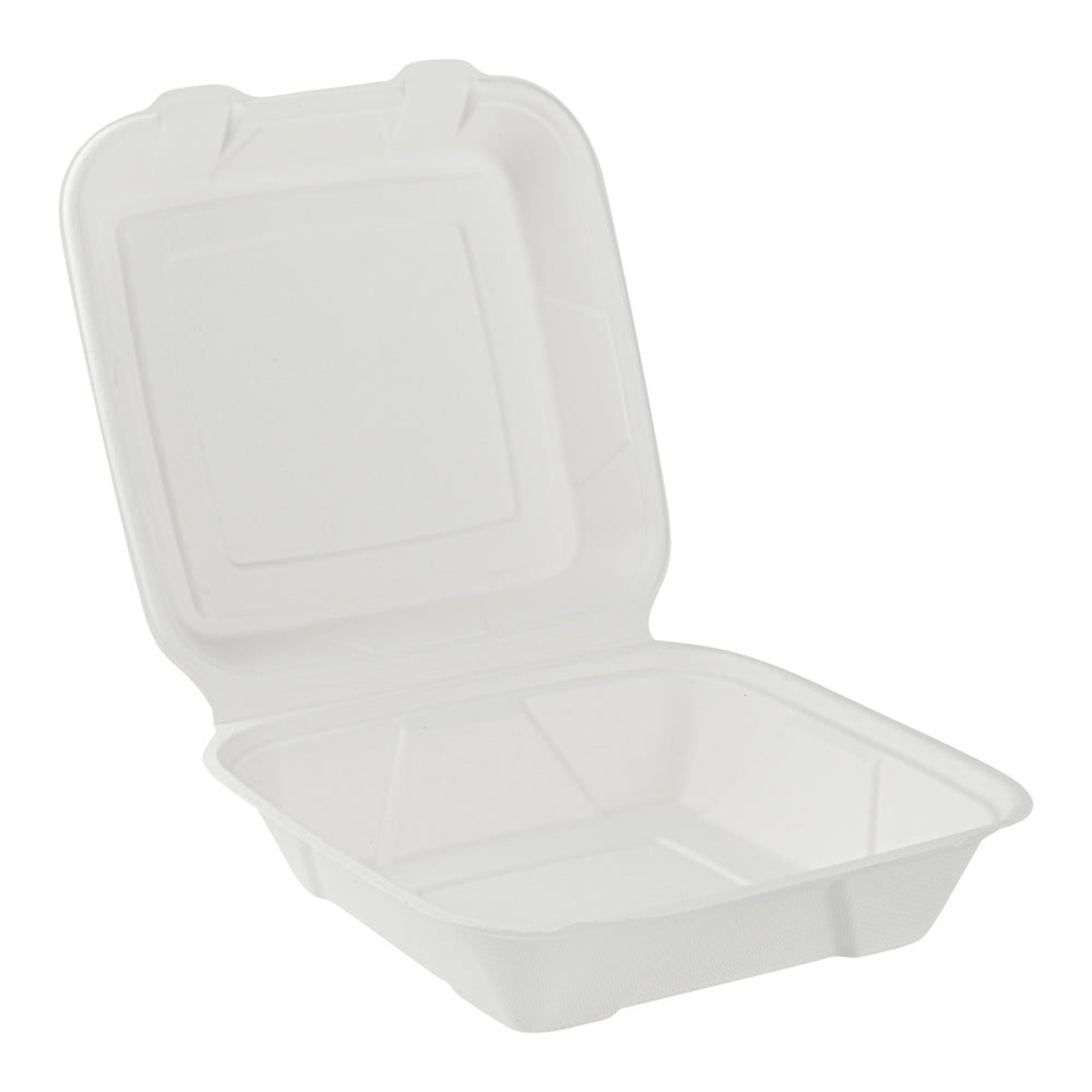 Pulp Safe No PFAS Added 32 oz White Sugarcane / Bagasse Clamshell Container - Home Compostable - 9 1/4" x 9 1/4" x 3 1/4" - 100 count box