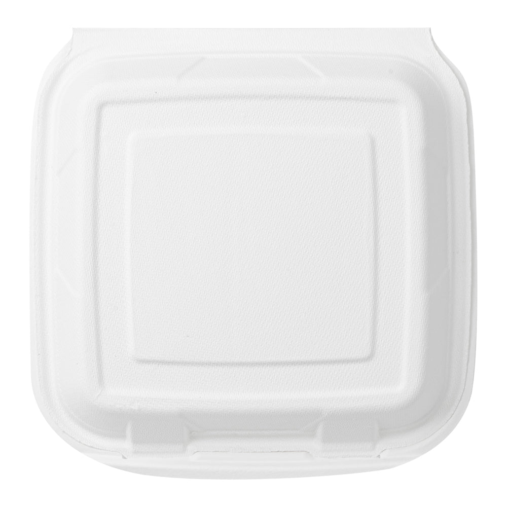 Pulp Safe No PFAS Added 32 oz White Sugarcane / Bagasse Clamshell Container - Home Compostable - 9 1/4" x 9 1/4" x 3 1/4" - 100 count box
