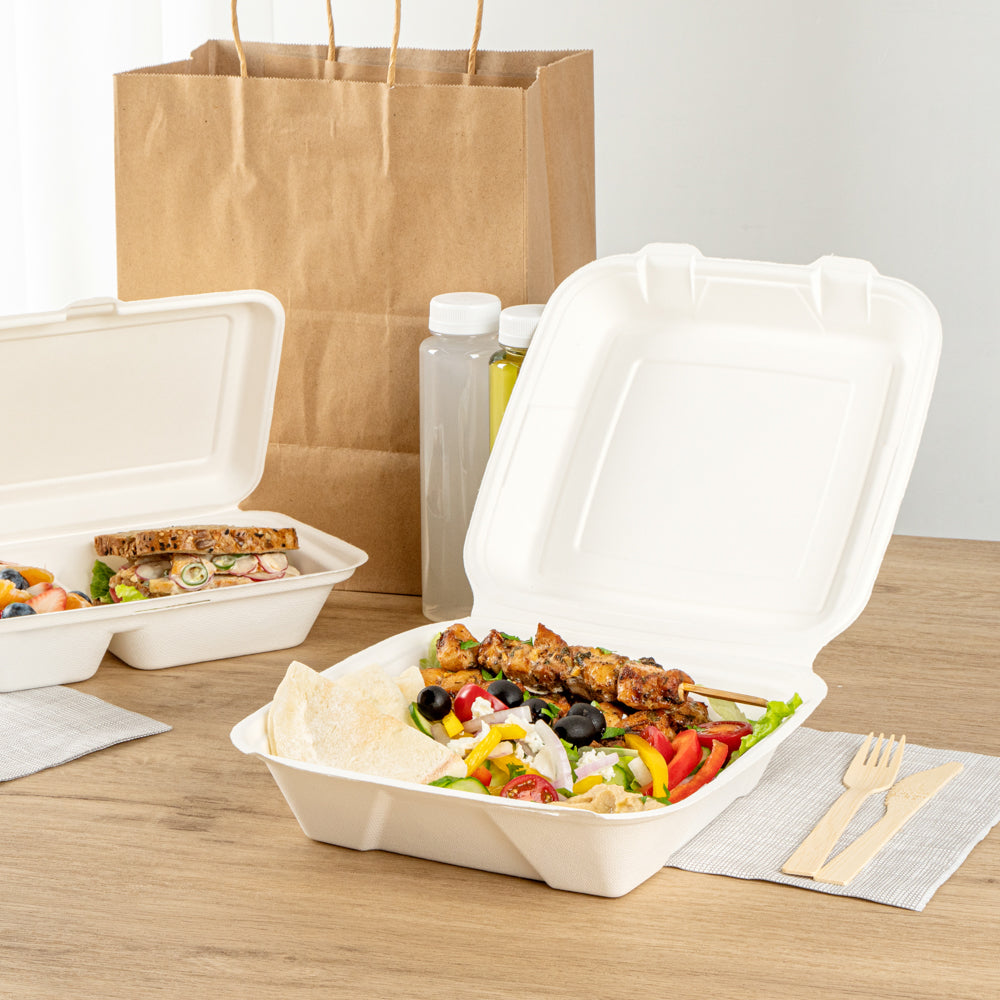 Pulp Safe No PFAS Added 32 oz White Sugarcane / Bagasse Clamshell Container - Home Compostable - 9 1/4" x 9 1/4" x 3 1/4" - 100 count box