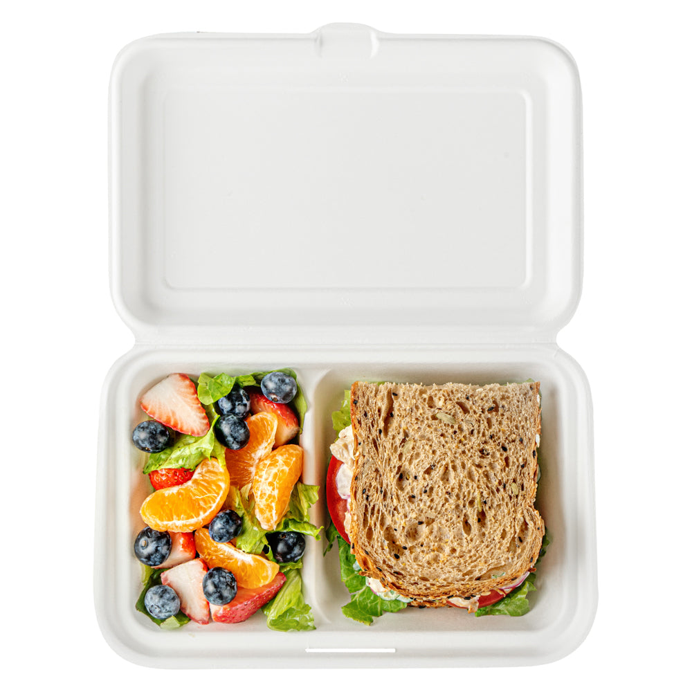 Pulp Safe No PFAS Added 34 oz Sugarcane / Bagasse Clamshell Container - Home Compostable, 2-Compartment - 9 1/2" x 6 1/4" - 100 count box