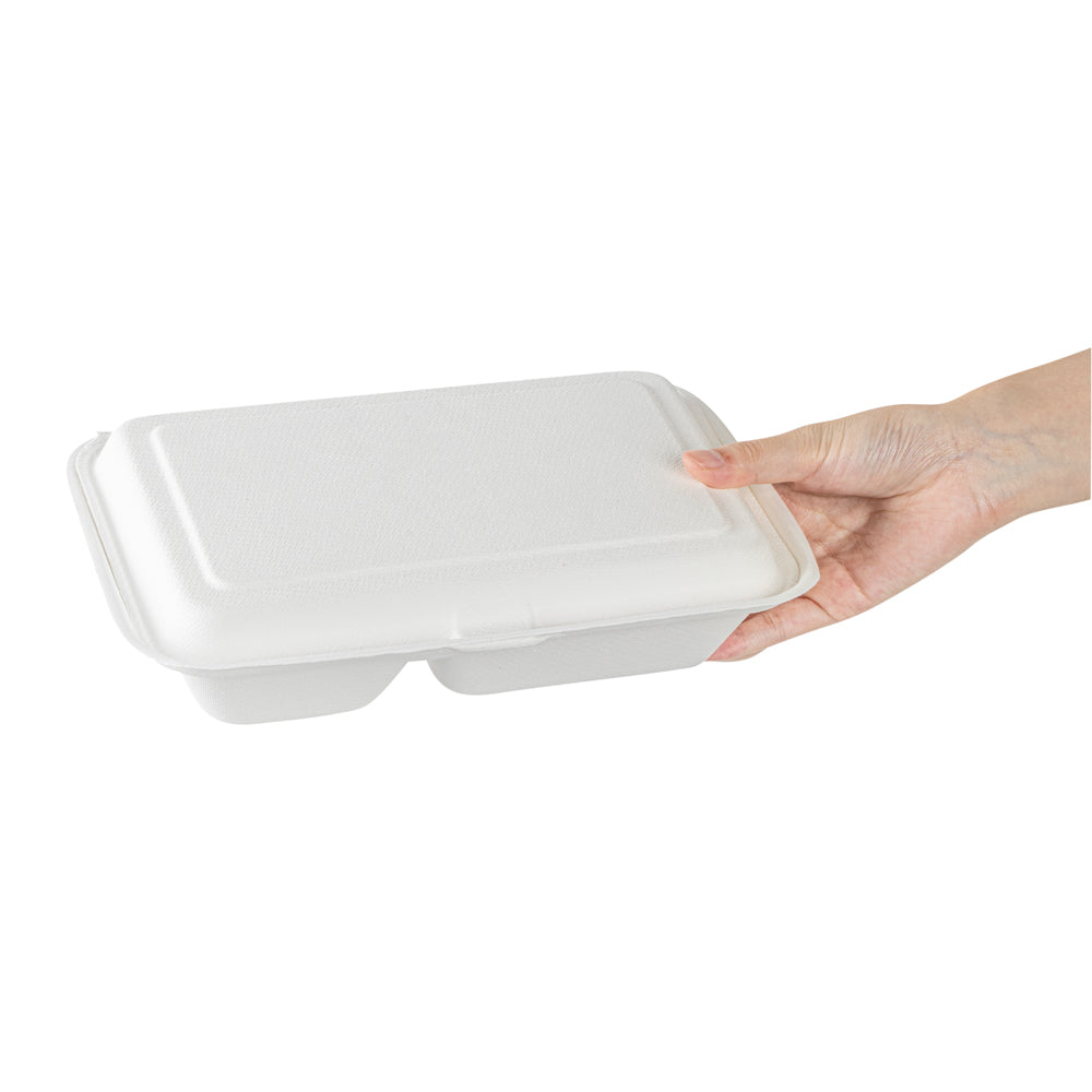Pulp Safe No PFAS Added 34 oz Sugarcane / Bagasse Clamshell Container - Home Compostable, 2-Compartment - 9 1/2" x 6 1/4" - 100 count box
