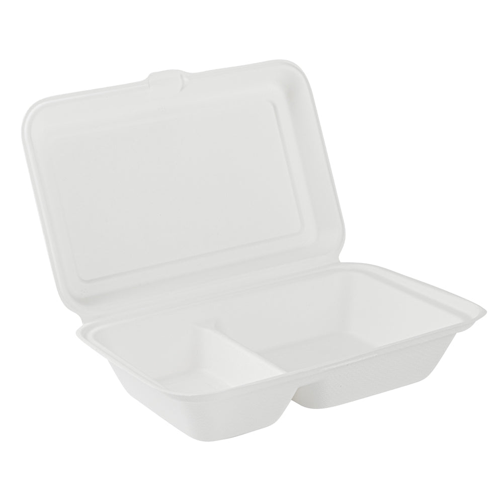 Pulp Safe No PFAS Added 34 oz Sugarcane / Bagasse Clamshell Container - Home Compostable, 2-Compartment - 9 1/2" x 6 1/4" - 100 count box