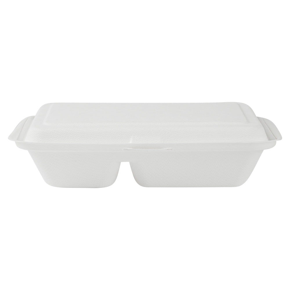 Pulp Safe No PFAS Added 34 oz Sugarcane / Bagasse Clamshell Container - Home Compostable, 2-Compartment - 9 1/2" x 6 1/4" - 100 count box