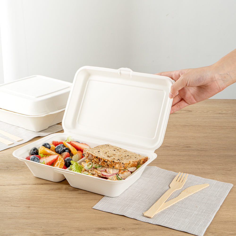 Pulp Safe No PFAS Added 34 oz Sugarcane / Bagasse Clamshell Container - Home Compostable, 2-Compartment - 9 1/2" x 6 1/4" - 100 count box