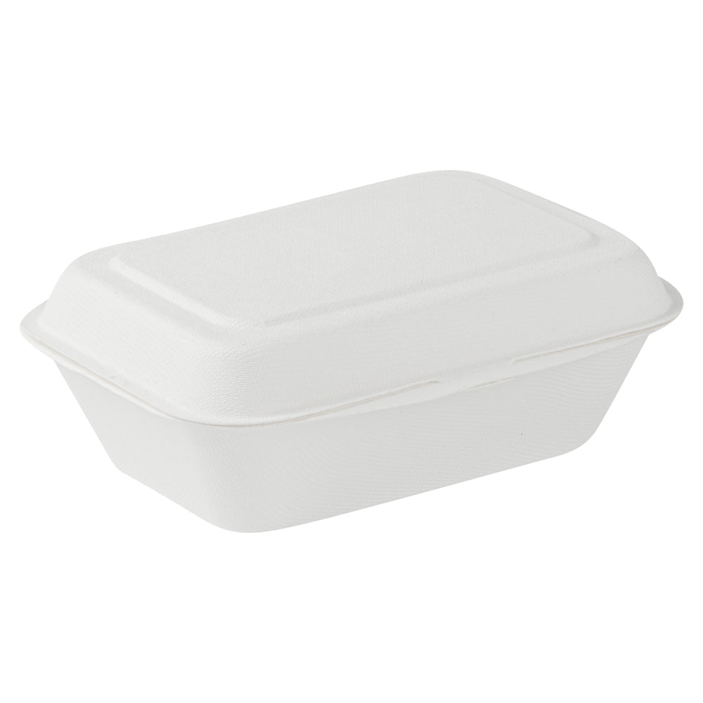 Pulp Safe No PFAS Added 20 oz White Sugarcane / Bagasse Clamshell Container - Home Compostable - 7 1/4" x 5 1/2" x 2 1/2" - 100 count box