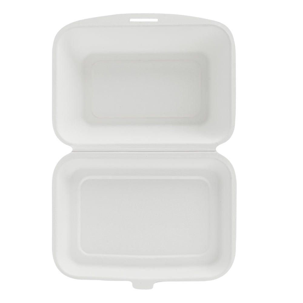 Pulp Safe No PFAS Added 20 oz White Sugarcane / Bagasse Clamshell Container - Home Compostable - 7 1/4" x 5 1/2" x 2 1/2" - 100 count box